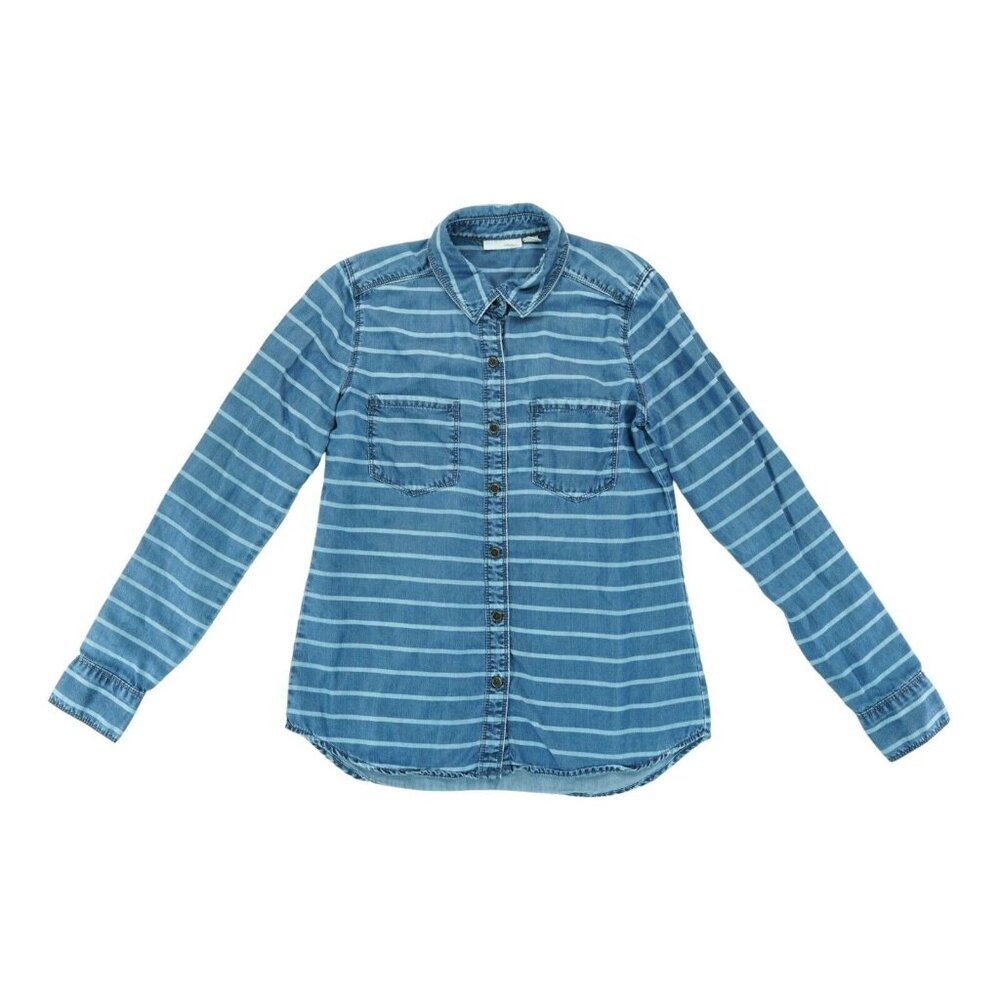 Halogen Soft Flexible Denim Button Up Striped Shirt Top Cuff Sleeve Size XS